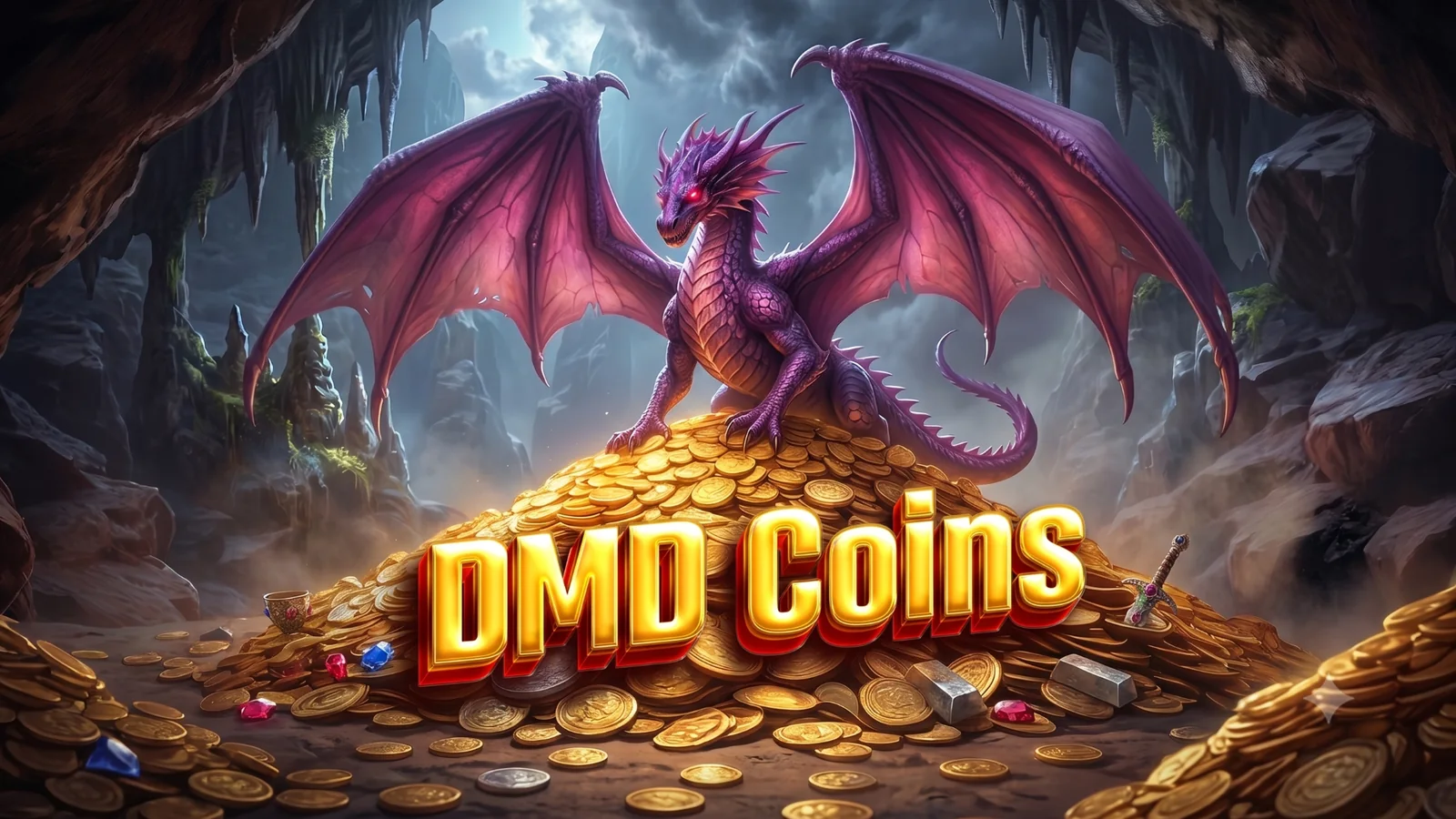 DMD Coins artwork featuring a purple dragon guarding a hoard of gold coins